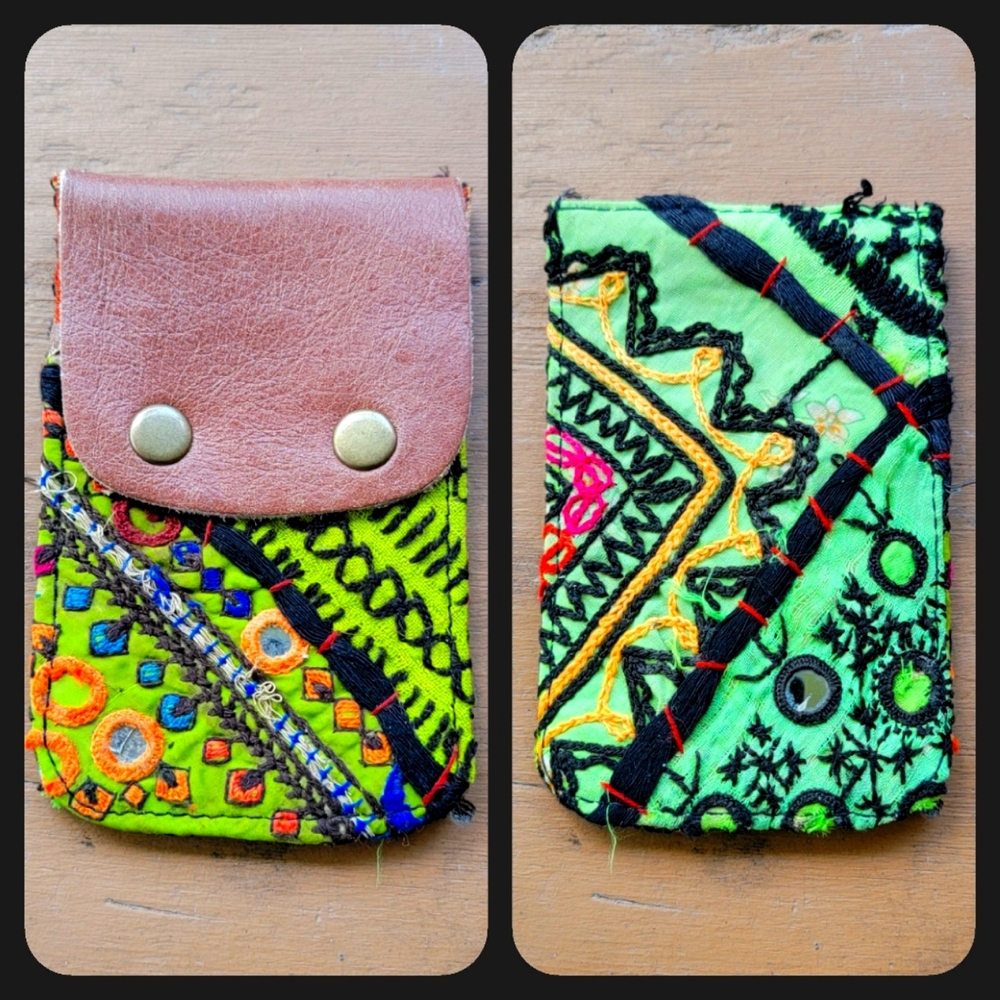 🕺🥂 Free People Boho Embroidered Repurposed vtg banjara hippie Wallet card case